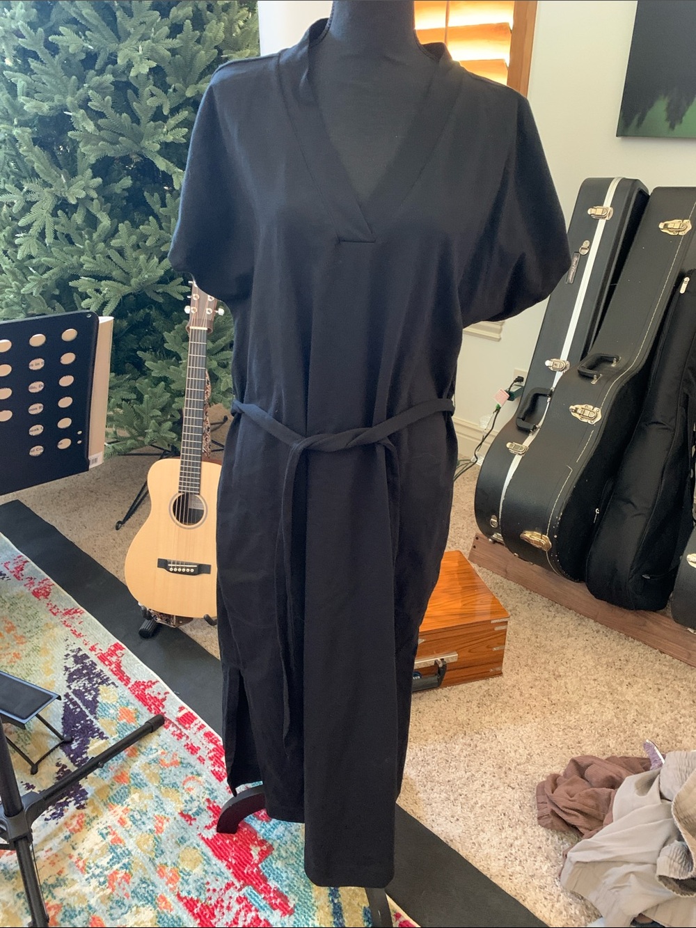 Tommy Bahama Black V-Neck Midi Dress with Self Tie and Pockets XL